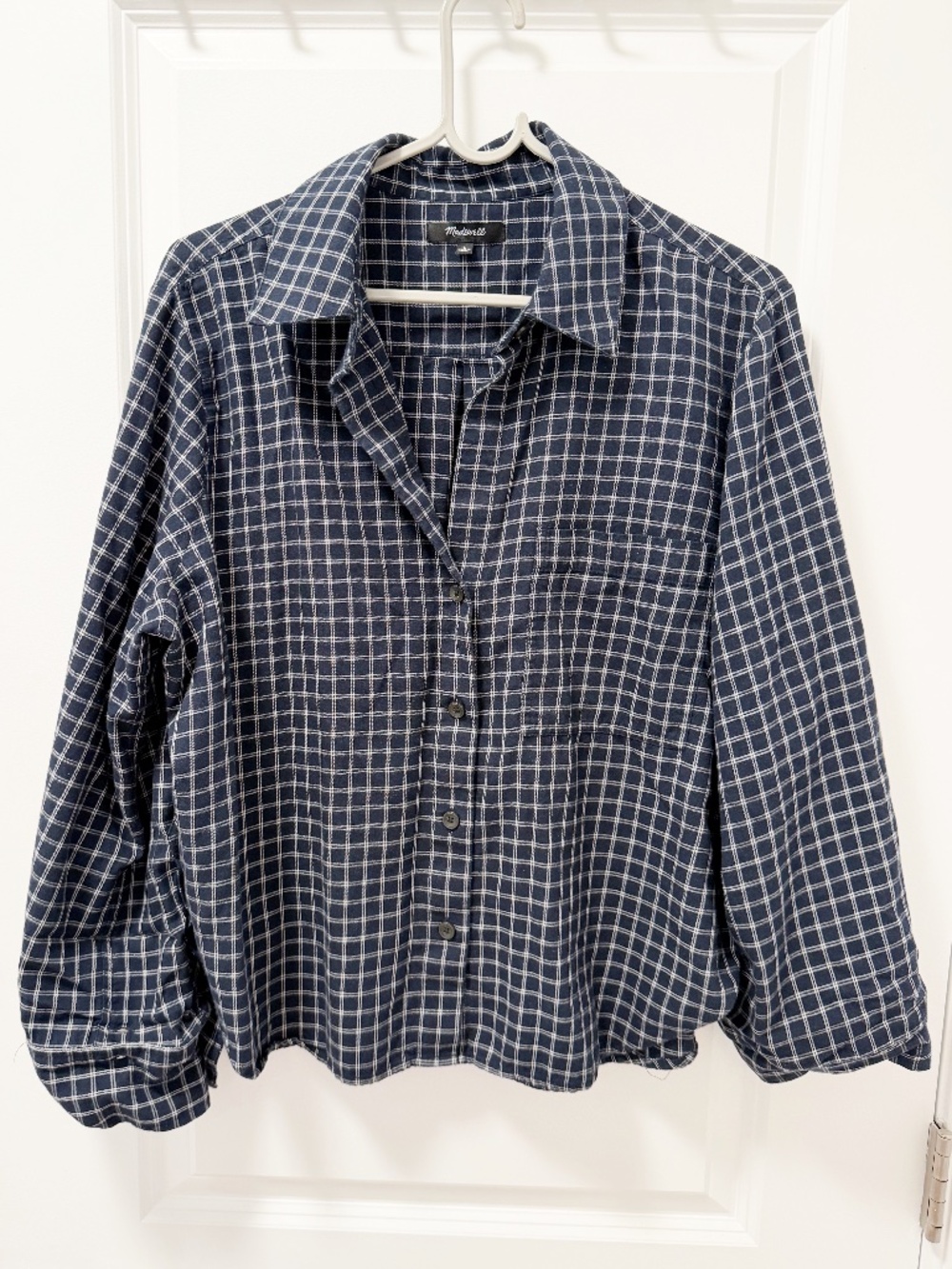 Madewell Navy Windowpane Plaid Cropped Flannel Blouse Size Large